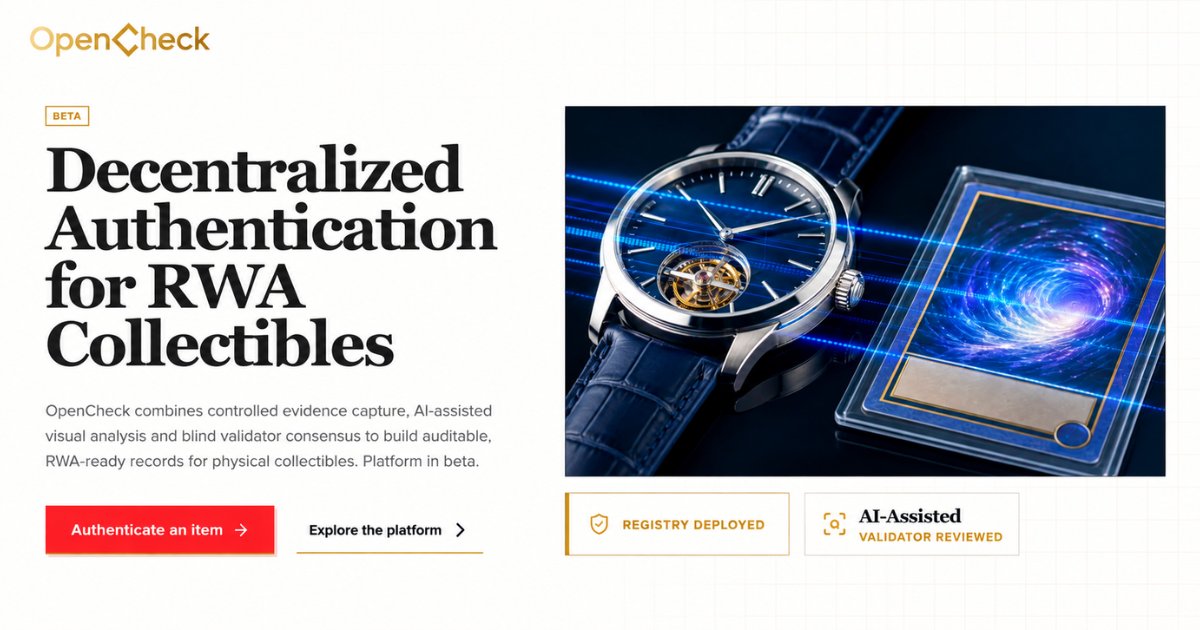 OpenCheck collectibles authentication platform showing guided evidence capture AI-assisted review and blockchain-based report records