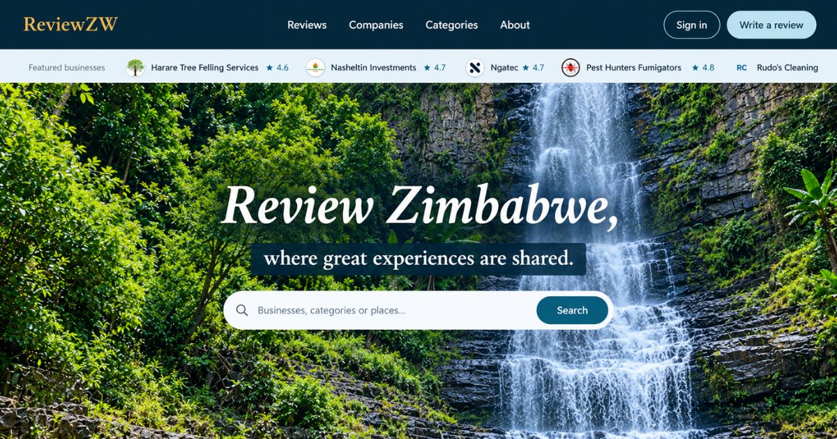 ReviewZW business review platform displaying company listings customer ratings written reviews and business profile information