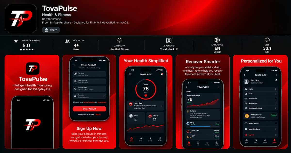 TovaPulse mobile wellness app displaying AI-generated insights from wearable sleep fitness and recovery data