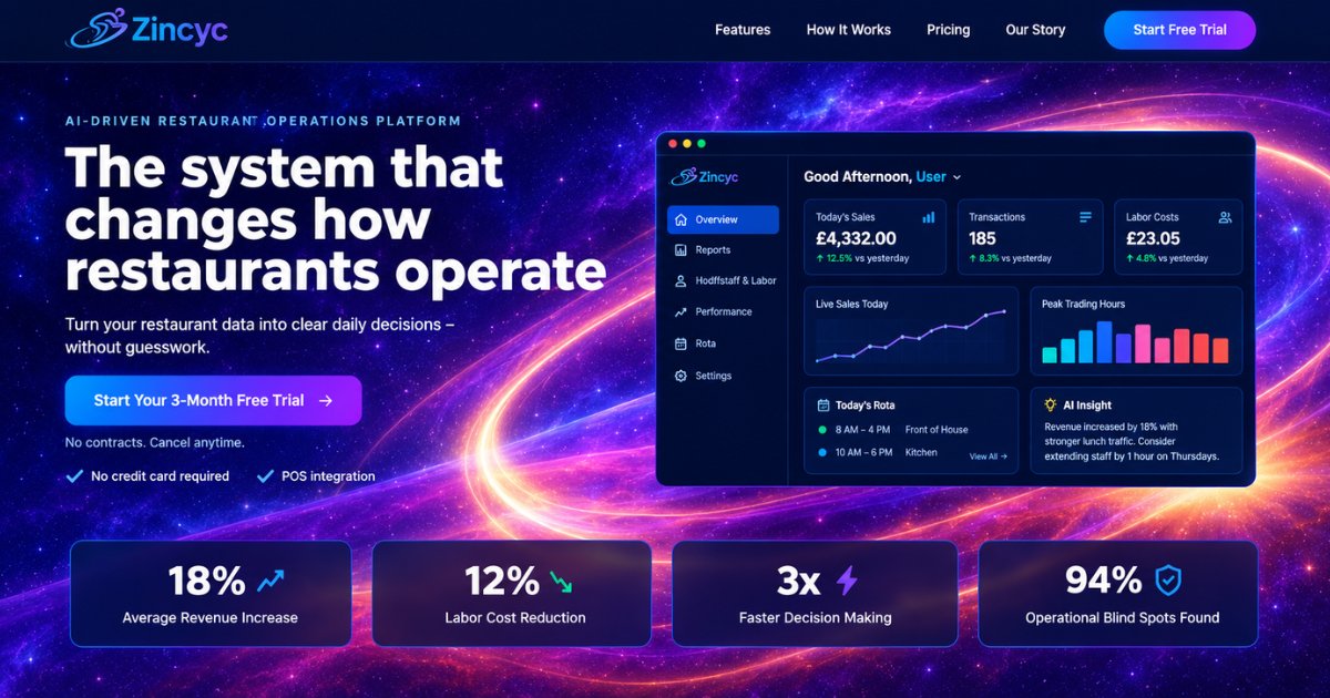 Zincyc restaurant operations dashboard displaying sales performance labour costs staff rota and AI-generated business insights