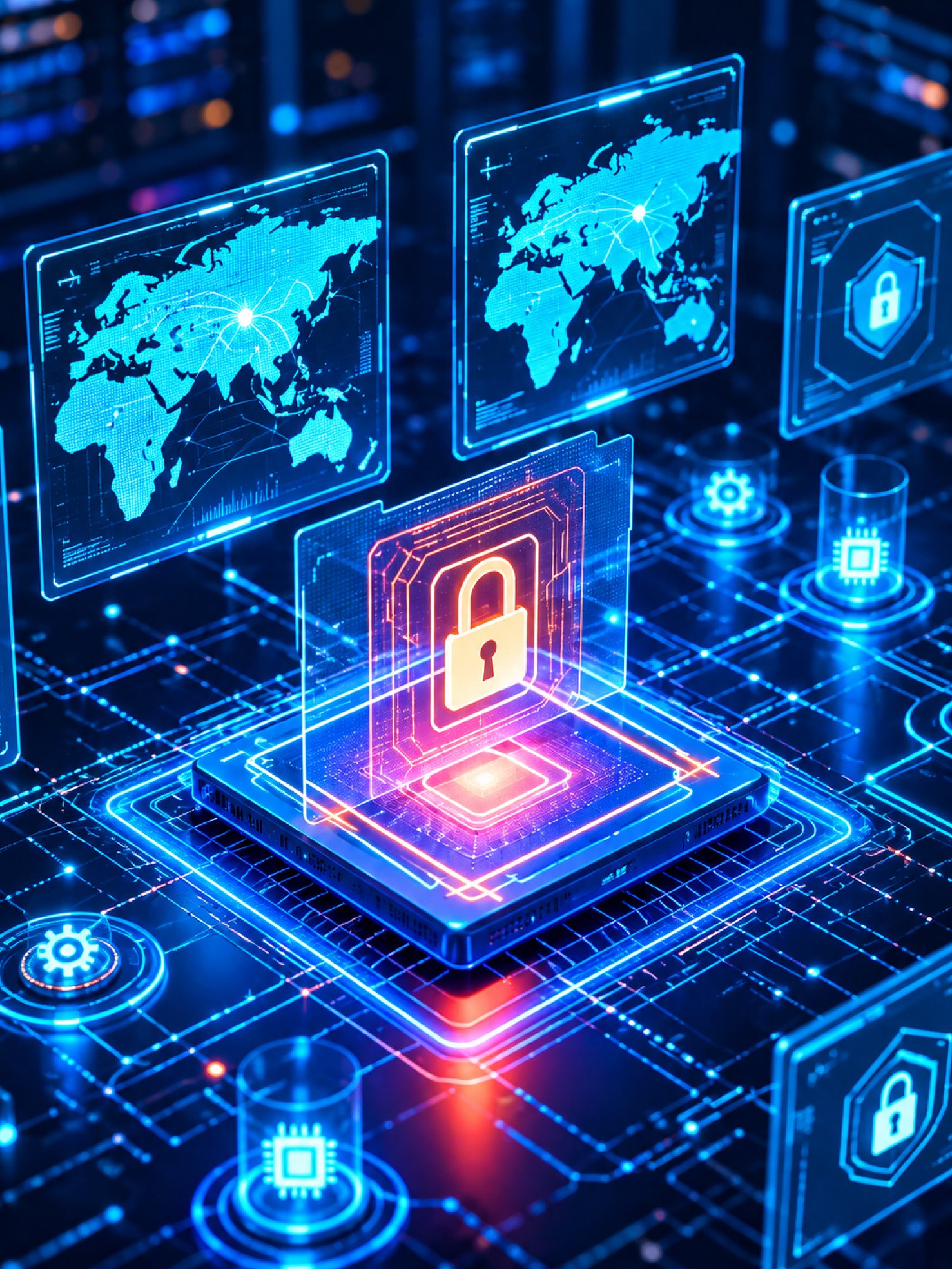 Security dashboard showing threat alerts, access logs and vulnerability scan results