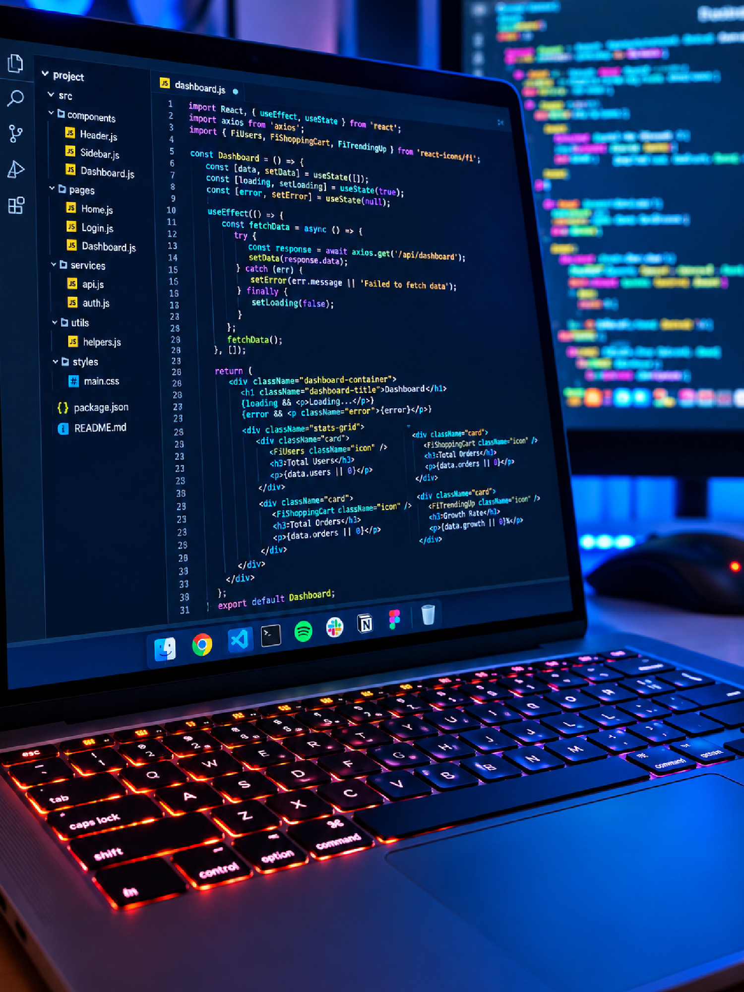 React frontend interface with dashboard components and responsive layouts