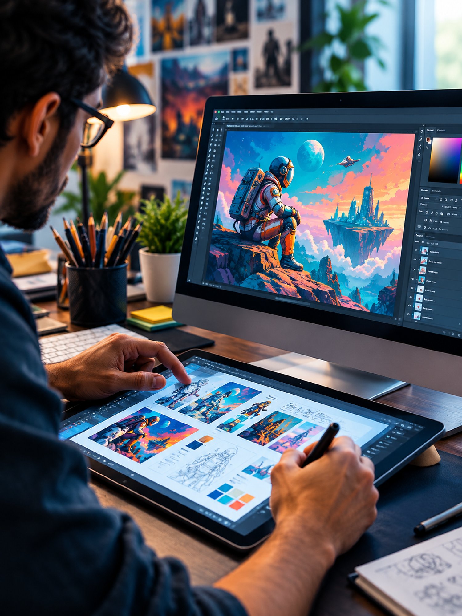 Graphic design mockups including a logo, brochure, social post and business card