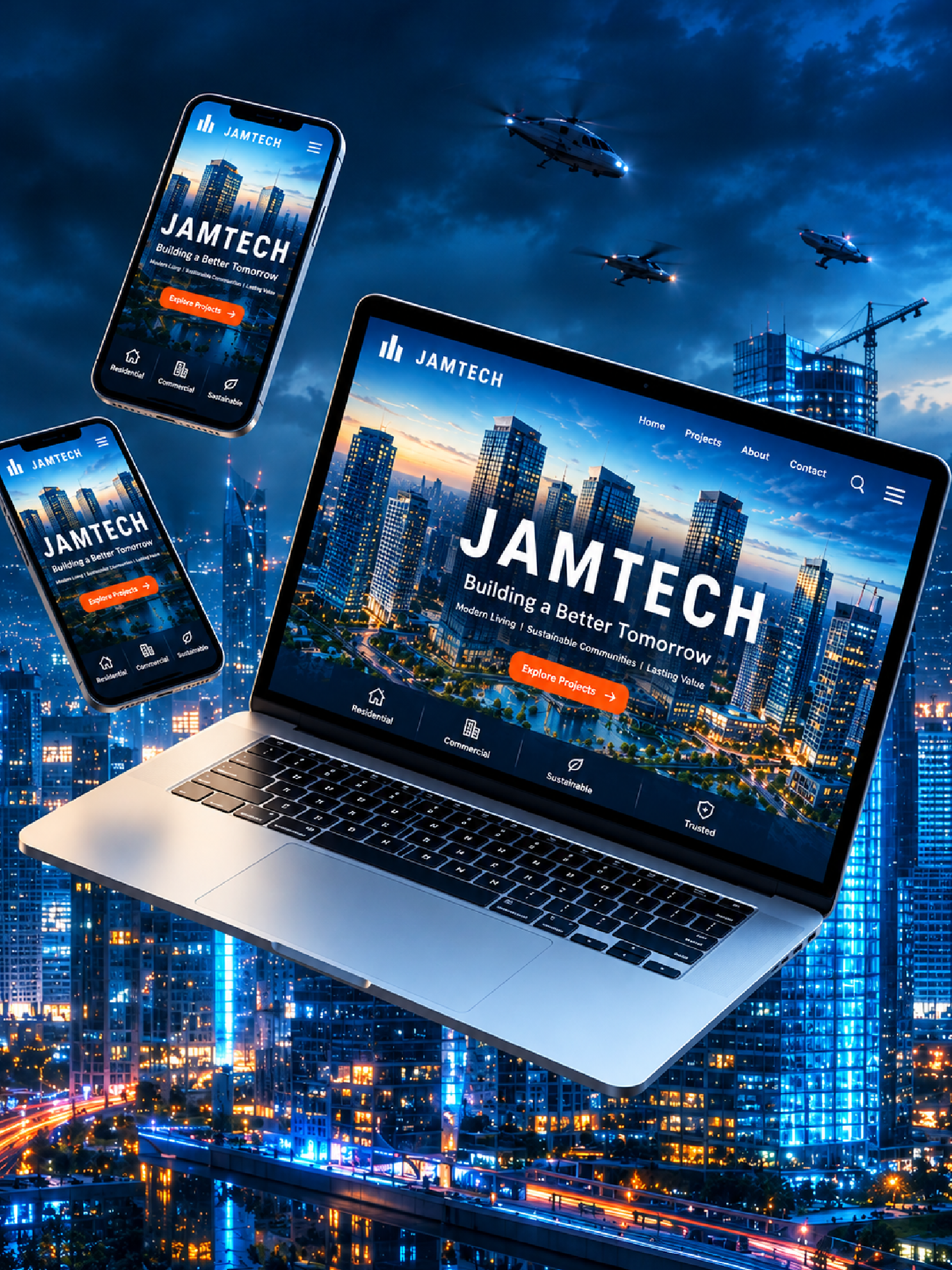 Responsive website layout shown on phone, tablet and desktop screens