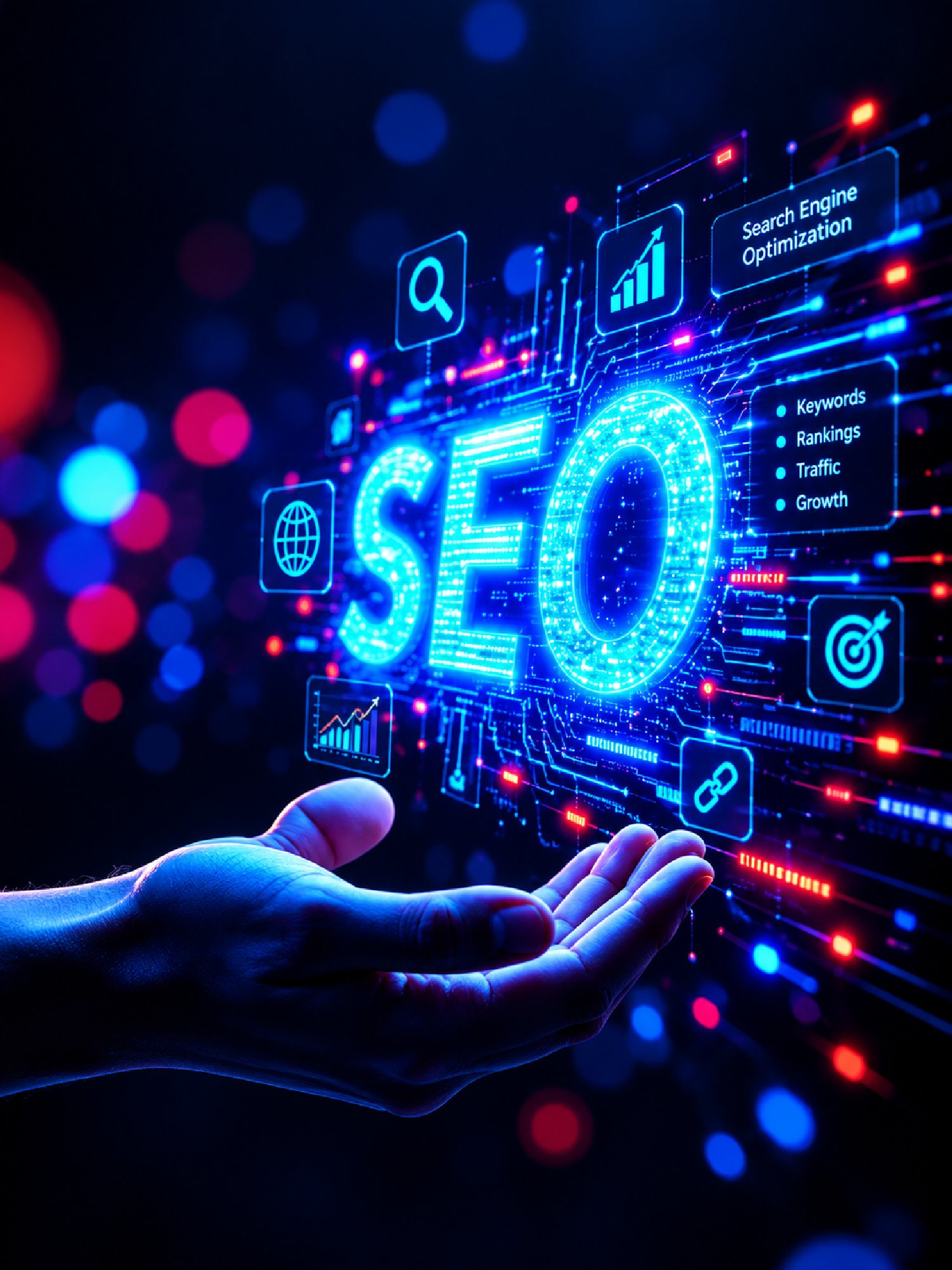 SEO dashboard with organic traffic, rankings and a technical audit score