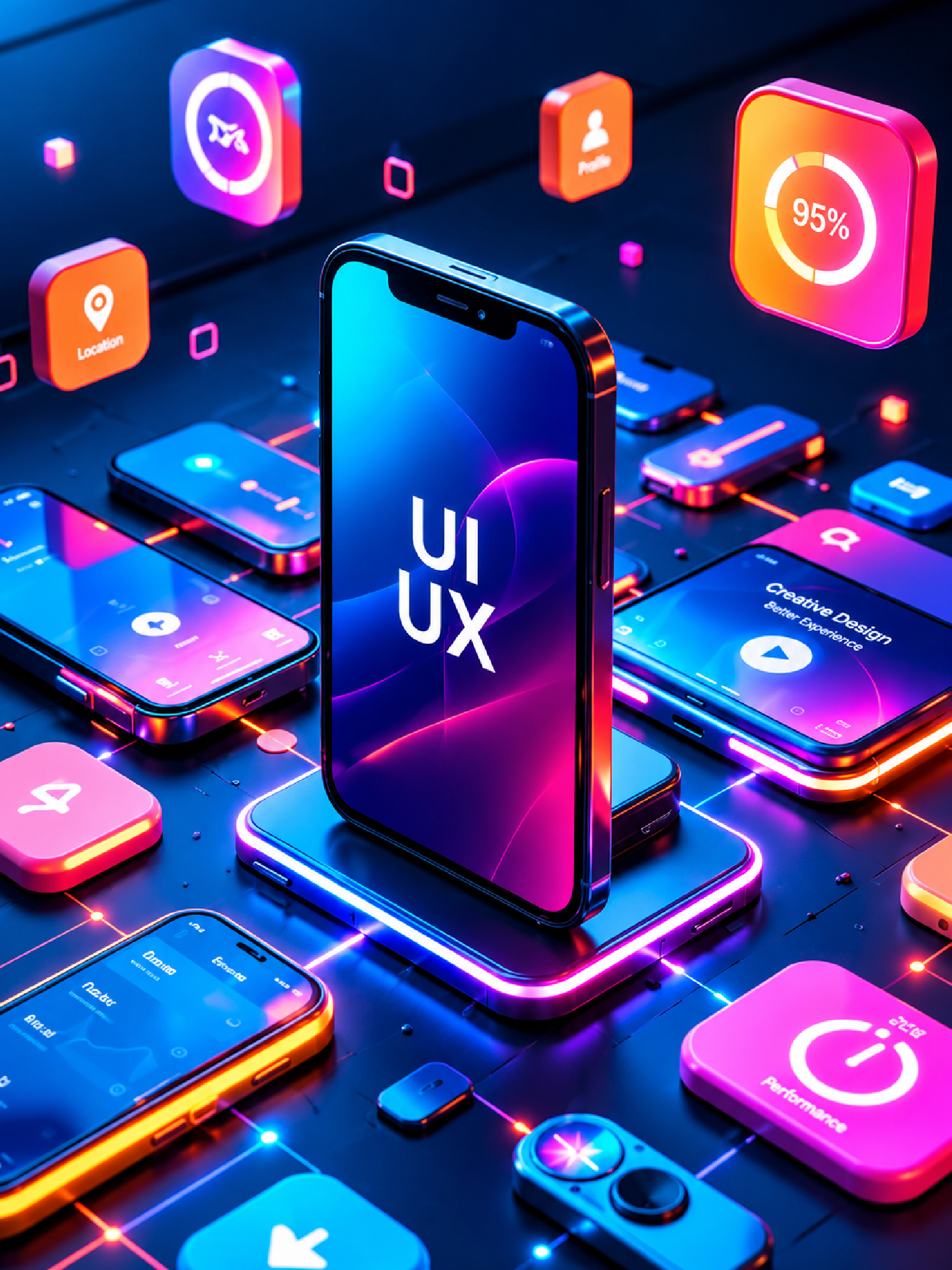 UI/UX designer reviewing wireframes, a user flow diagram and a color palette